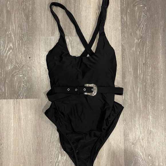 Black One-Piece Swimsuit with gold Buckle - Picture 1 of 1